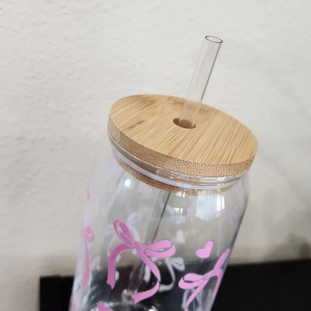 Coquette Pink Bows Balletcore 20 oz Glass Tumbler Cup Bamboo Coffee Matcha Tea